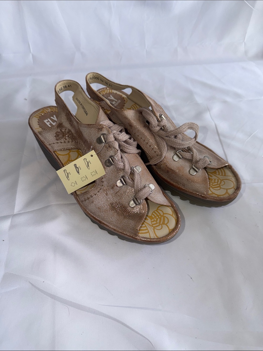 Fly London Metallic Rose Gold Open-Toe Wedge Sandals